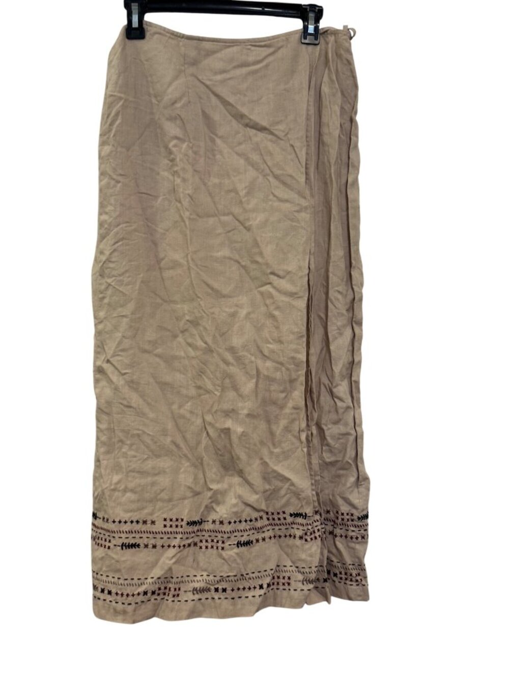 Nordstrom Beige Linen Embroidered Long Wrap Skirt Size 12 Womens